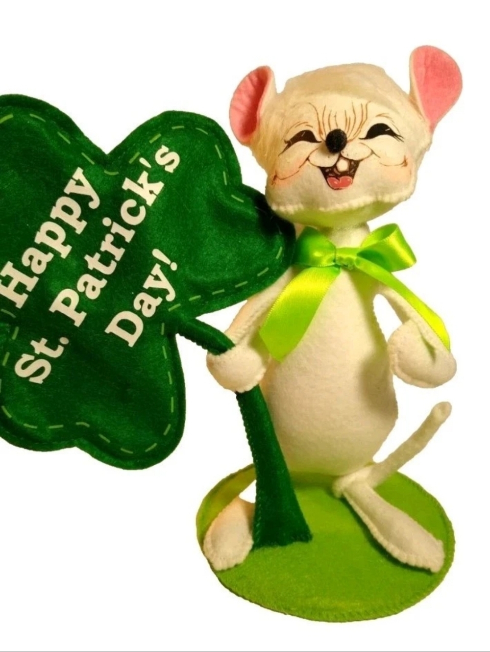 Vintage MCM ANNALEE Irish St Patrick's Day White Mouse Pink Ears Doll Kitsch 8"